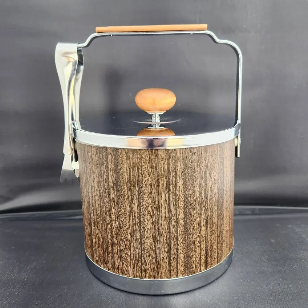 Vintage Atapco Chrome Wood Ice Bucket with Tongs – MCM Barware Liner USA